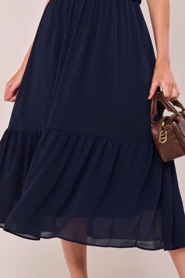 Vestido Chemise Azul Crepe Bordados Richelieu Evasê Midi