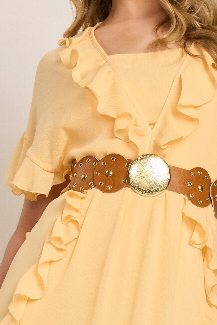 Vestido Amarelo Decote V E Babados Evasê