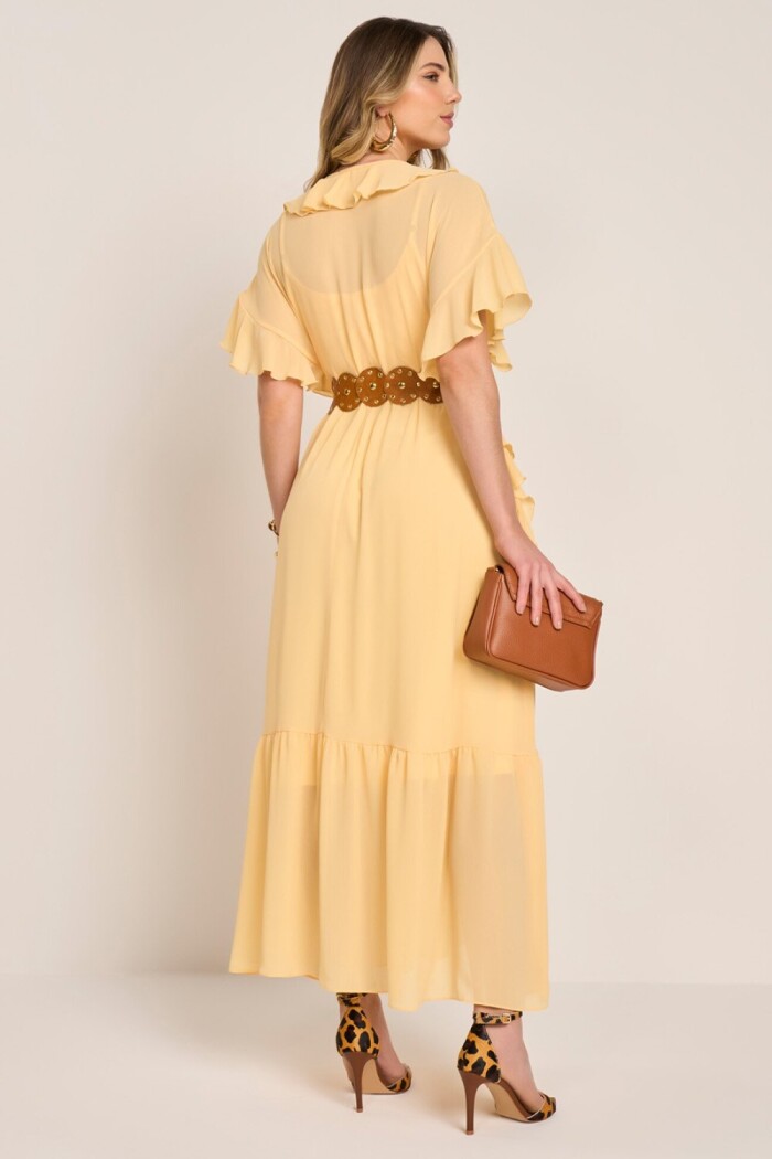 Vestido Amarelo Decote V E Babados Evasê