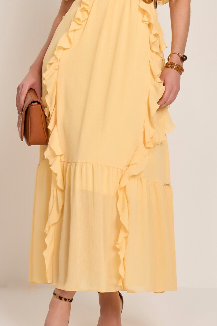 Vestido Amarelo Decote V E Babados Evasê