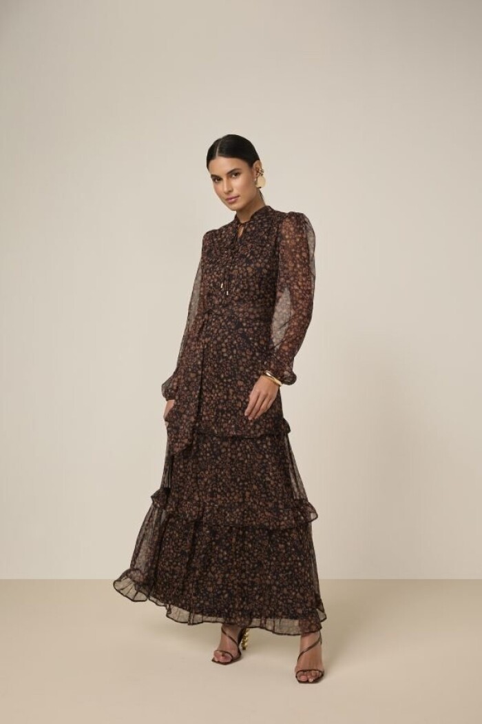 Vestido Marrom Chiffon Estampado Manga Longa