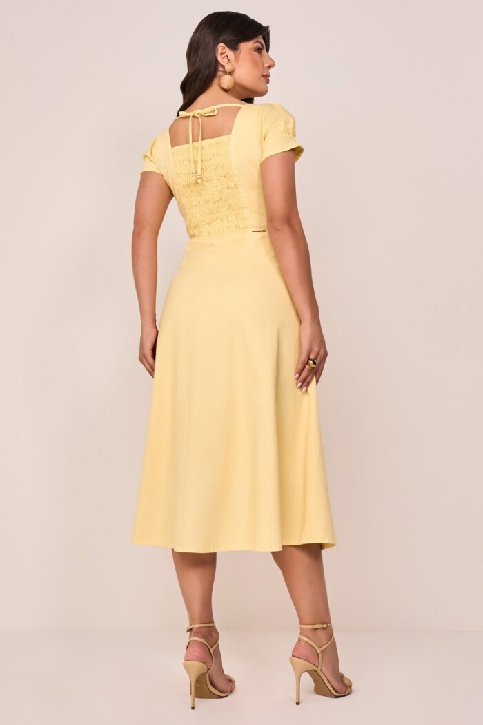 Vestido Chemise Amarelo Sarja Mangas Princesa Evasê Midi
