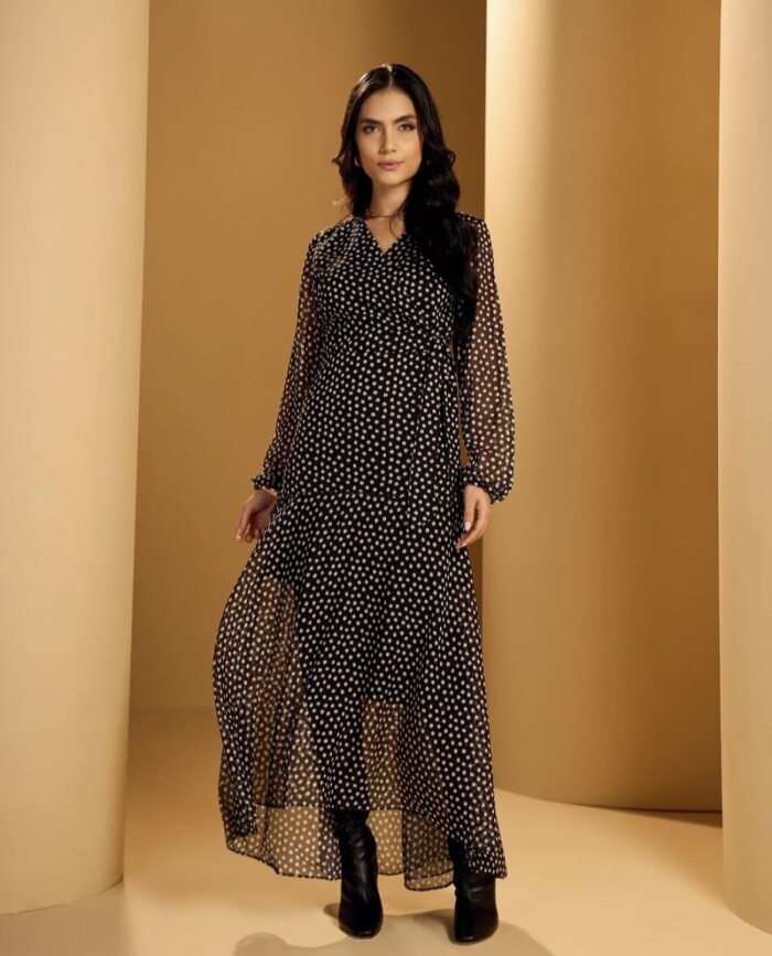 Vestido Preto Chiffon Estampado
