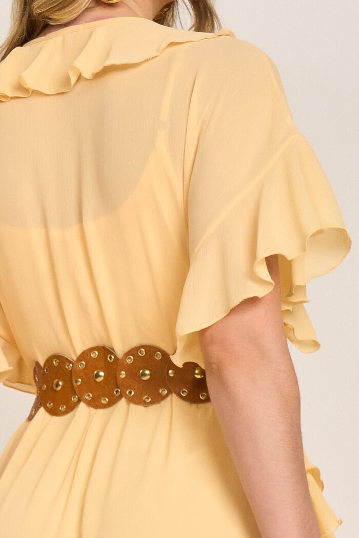 Vestido Amarelo Decote V E Babados Evasê