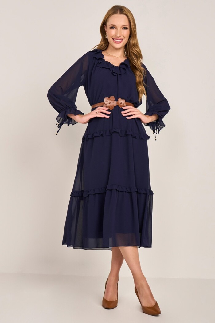 Vestido Detalhes Em Babado E Laço Midi