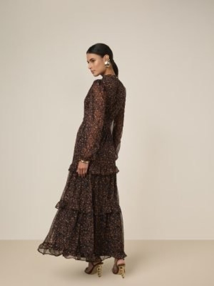 Vestido Marrom Chiffon Estampado Manga Longa