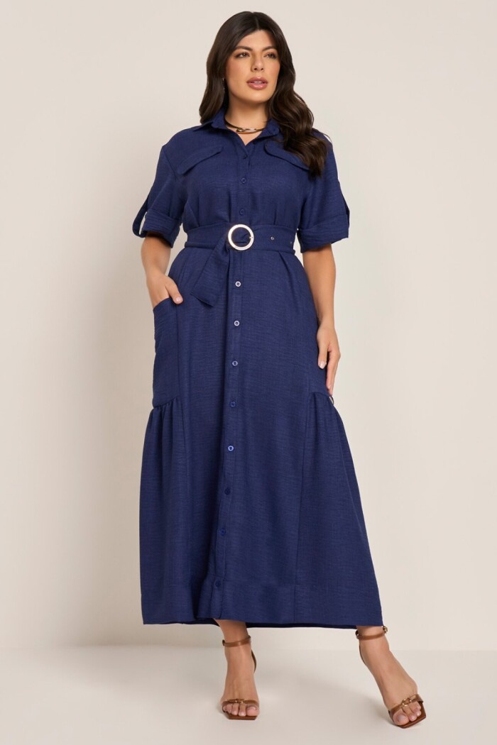 Vestido Chemise Com Bolsos Funcionais E Cinto Faixa Evasê Midi