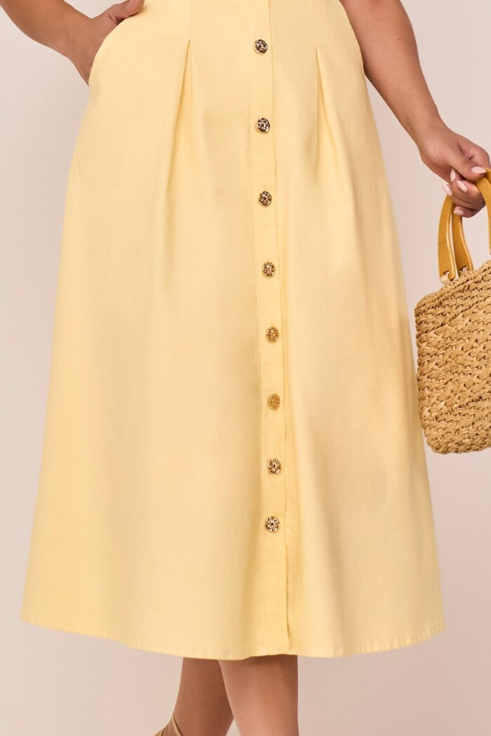 Vestido Chemise Amarelo Sarja Mangas Princesa Evasê Midi