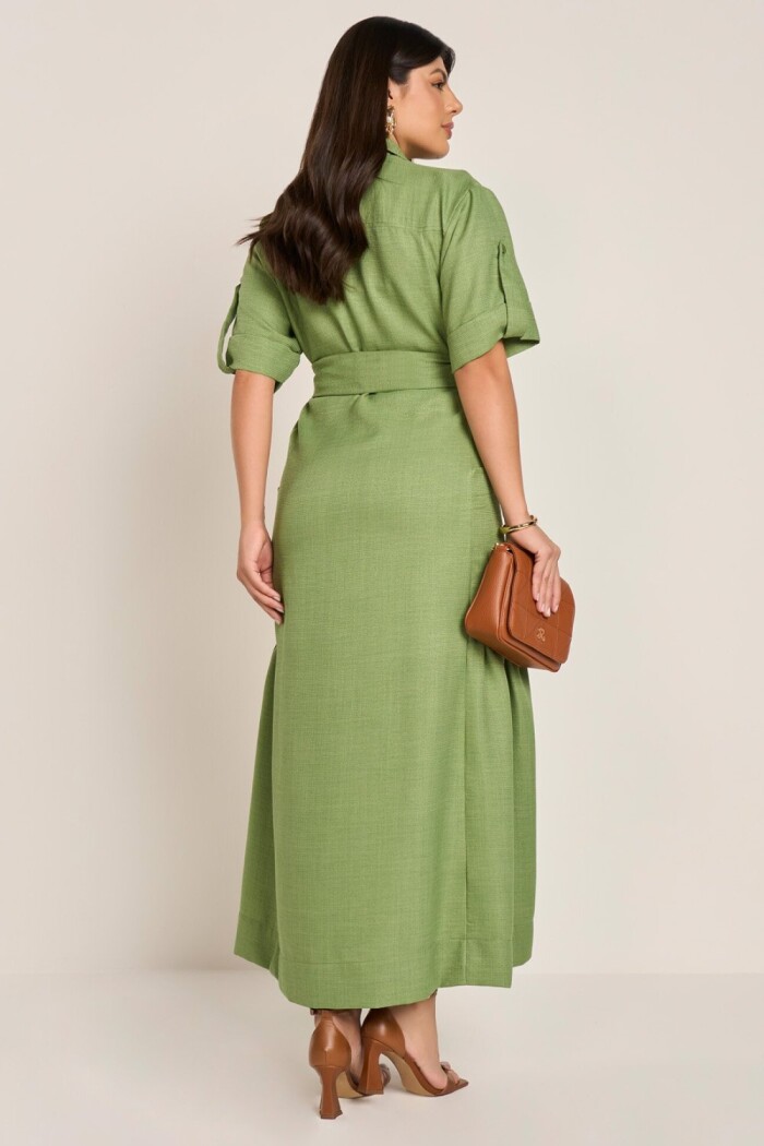Vestido Chemise Com Bolsos Funcionais E Cinto Faixa Evasê Midi